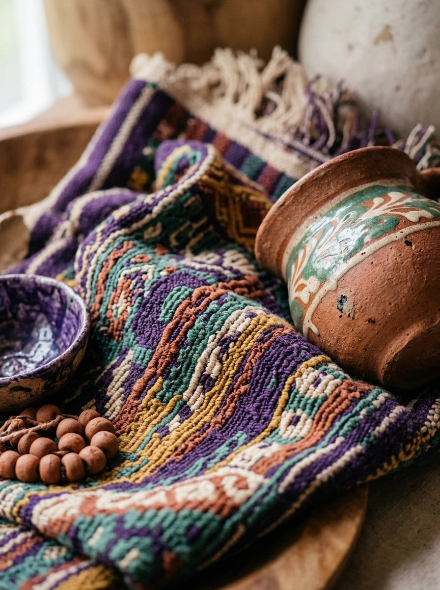 Colorful woven textile and a painted ceramic vessel