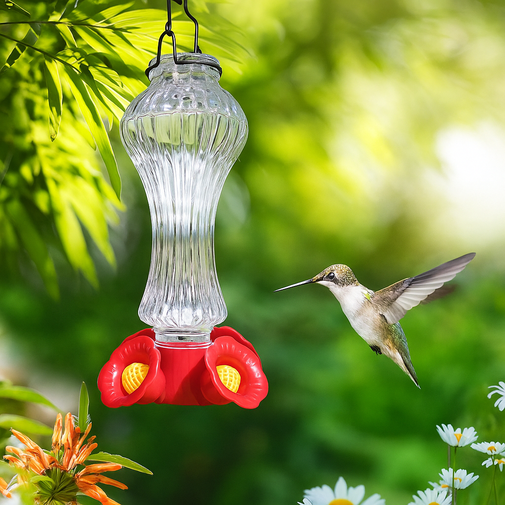 Comedero de colibrí de vidrio con flores y foso para hormigas