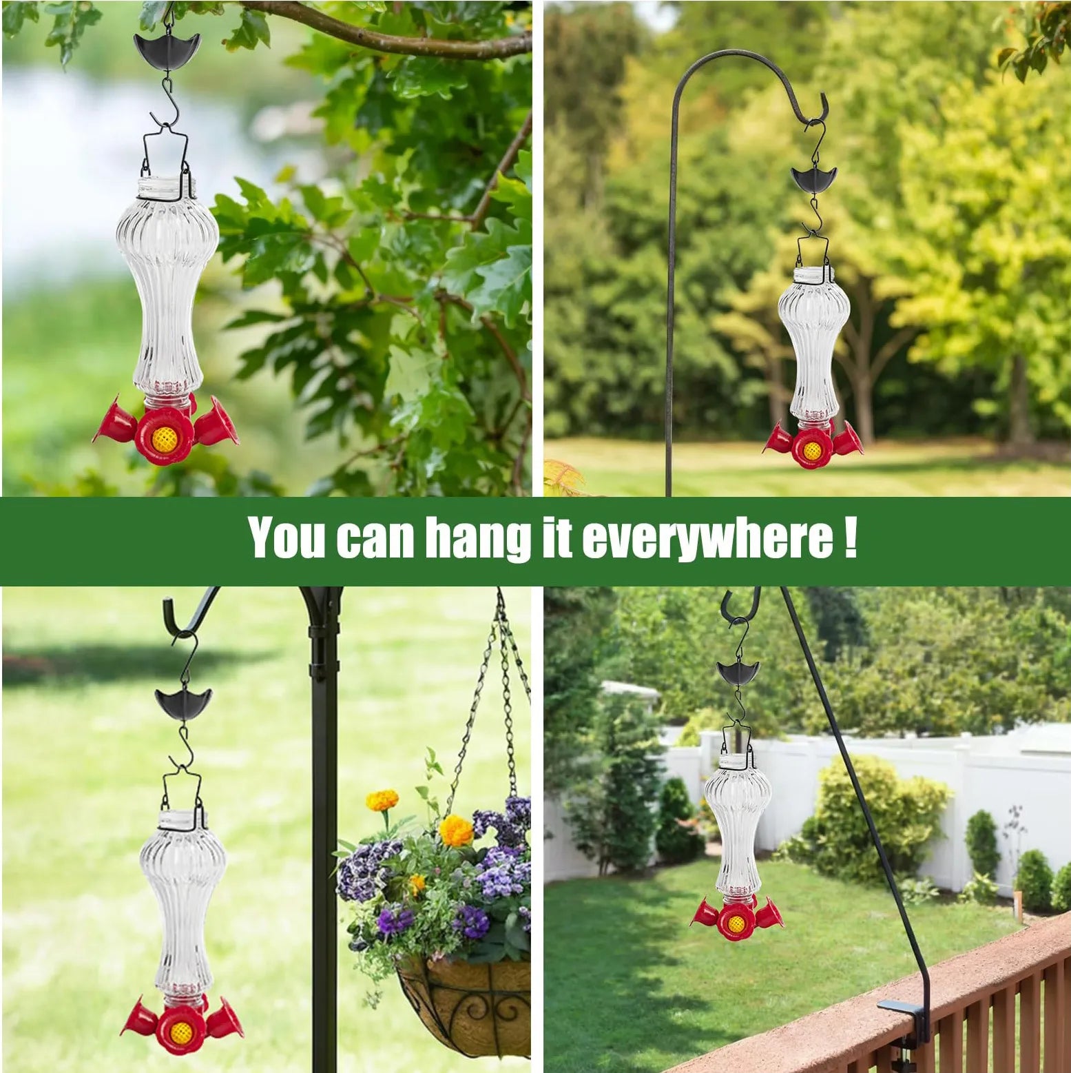 Comedero de colibrí de vidrio con flores y foso para hormigas