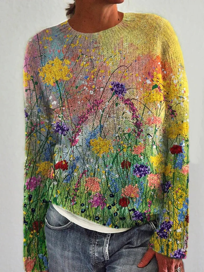 Suéter acogedor con pintura al óleo de flores