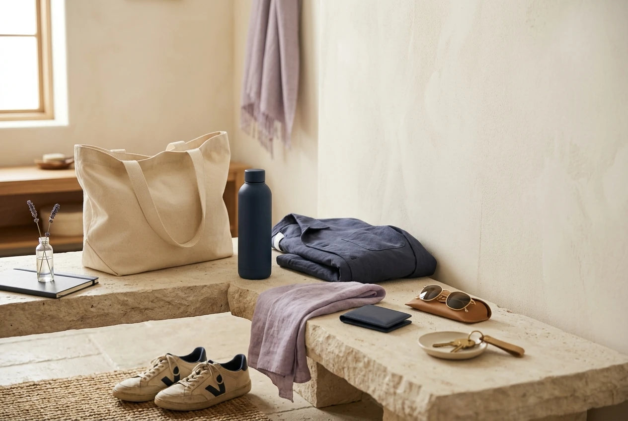 Clothing and everyday travel essentials laid out for packing